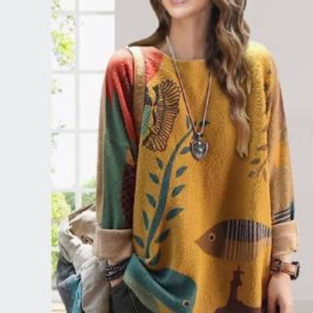 Yesno Women's Cotton/Wool Blend Golden Yellow Graphic Print‎ Sweater One Size